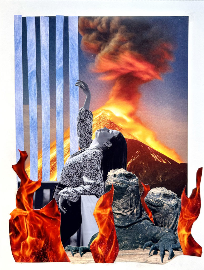 Mixed media collage of a woman dancing, two Komodo dragons and flames in front of a volcano